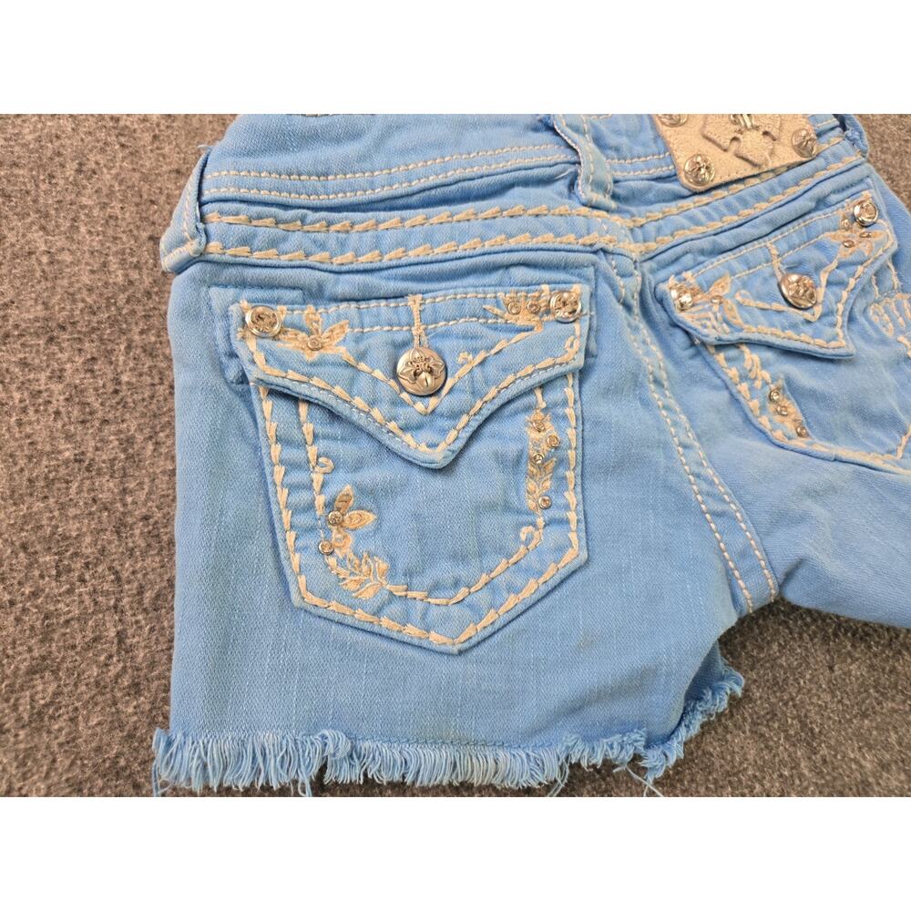 Miss Me Sky Blue Frayed Denim Shorts Youth Girls Sz 10 Mcbling Y2K Rhinestone - Picture 2 of 15